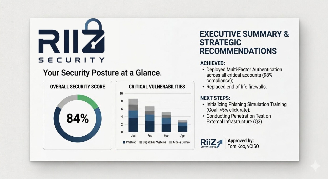 Sample RiiZ Security monthly report showing security score and priorities